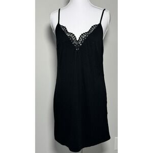 Victoria's Secret Black Sleep Slip Dress Lace Trim Cross Back Knit Sz M Grunge